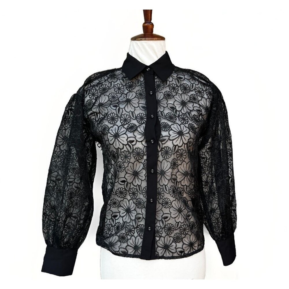 J.O.A Women’s Black Mesh Floral Sheer Collared Evening Jacket XS NWOT - Picture 1 of 12
